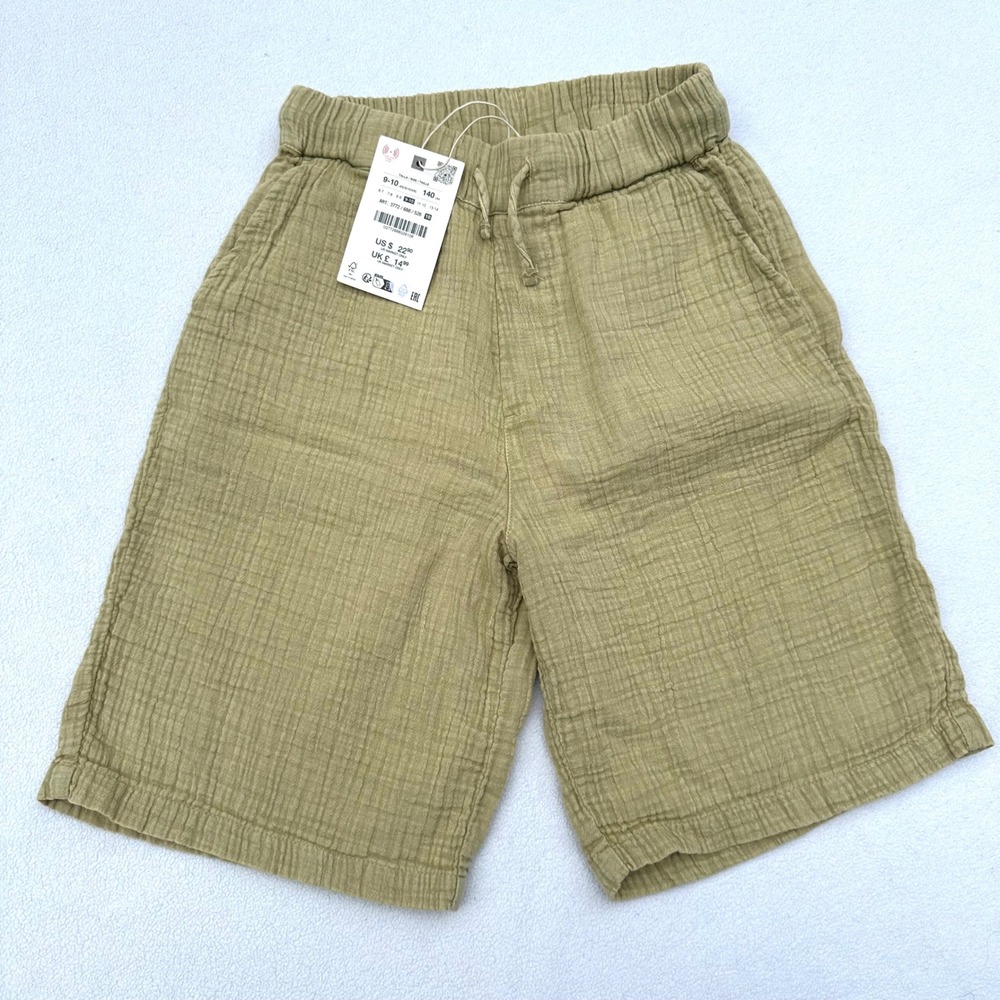 Zara Gauze Cotton Shorts Kids 9-10 Olive Green Elastic Waist Drawstring
Pockets